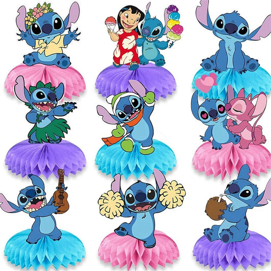 Stitch favo de mel 9 peças de decoração para festa de aniversário, centro de mesa formato