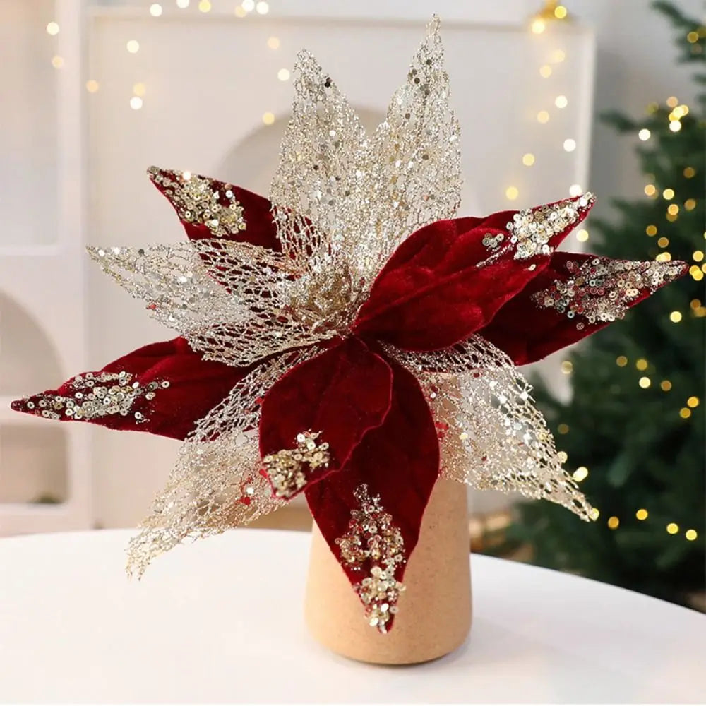 Flor Bico de Papagaio Natal Escolha Veludo Champanhe Glitter e Lantejoulas Luxo 29cm