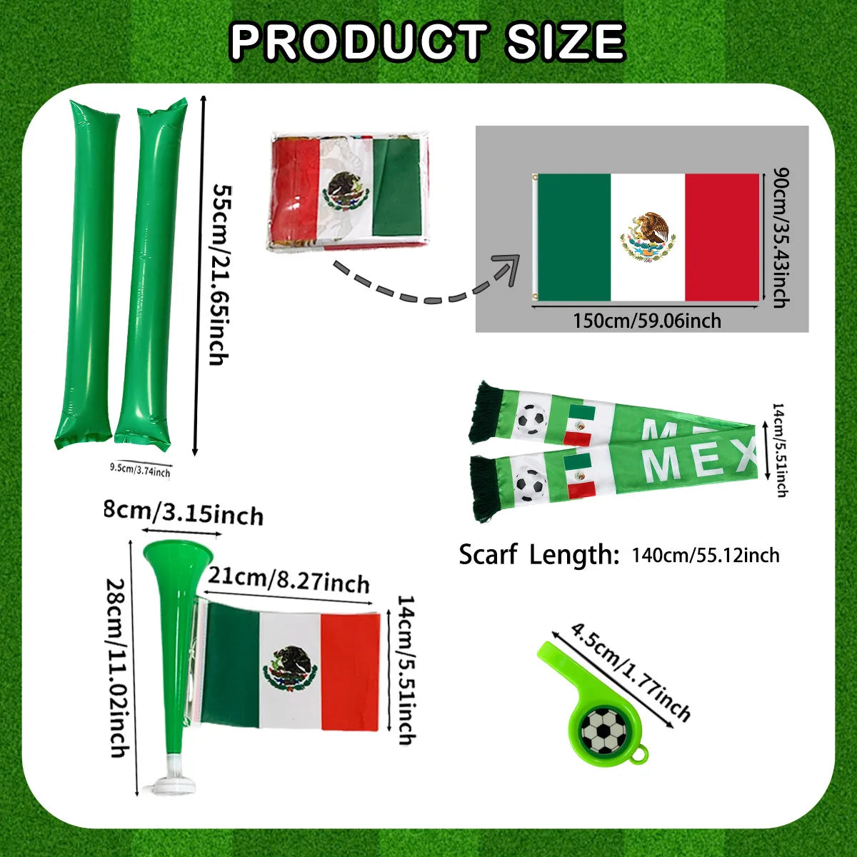Torcedor Canada 5 Peças: Bandeira, bastão cabeça redonda, Bandeira, Cachecol, Trompete