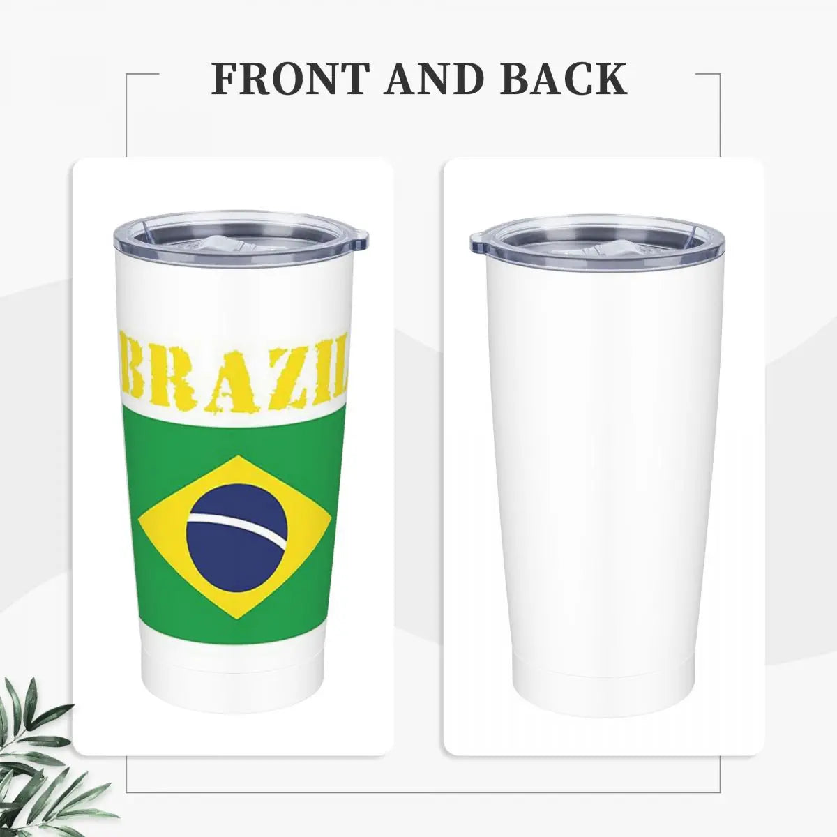 Copo térmico de 590 ml com tampa e canudo, com estampa bandeira brasileira, isolamento