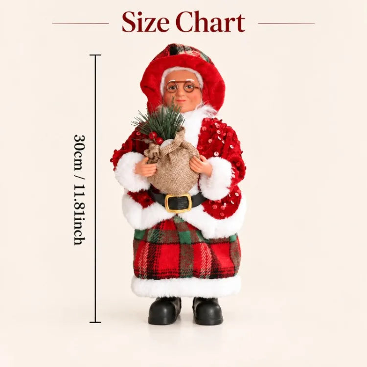 Mamãe Noel Decorativa de Mesa 30cm Roupas Xadrez e Saco Presentes, Enfeite de Natal Luxo 30cm Natalina