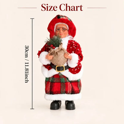 Mamãe Noel Decorativa de Mesa 30cm Roupas Xadrez e Saco Presentes, Enfeite de Natal Luxo 30cm Natalina