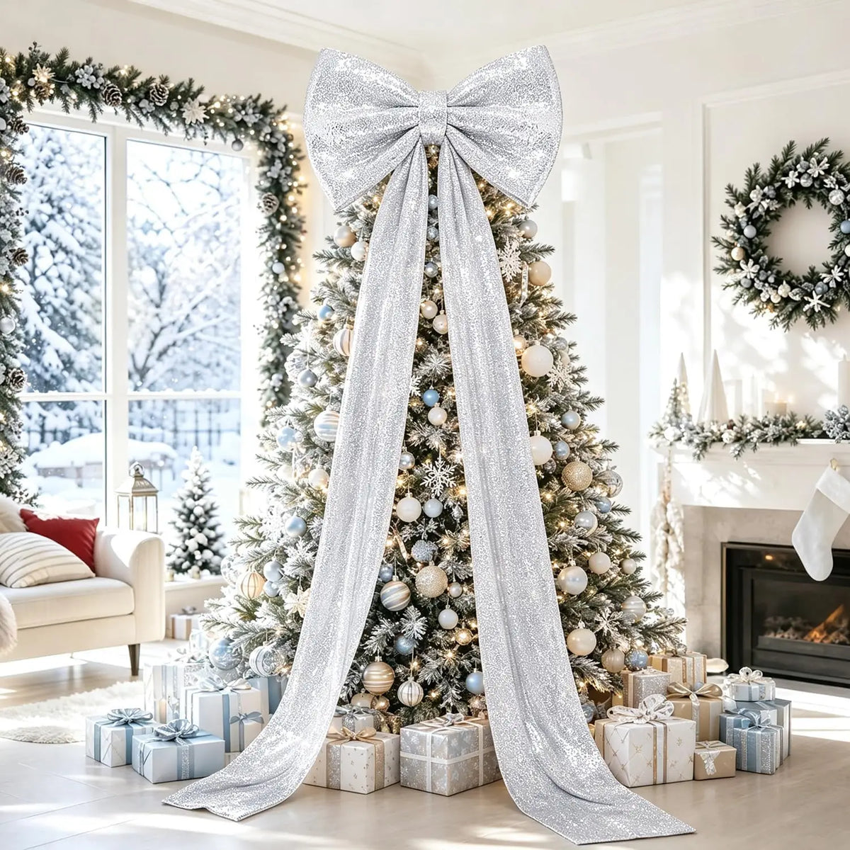 Laço Decorativo Shopping Gigante de Cor Rosa com Fitas Longas Penduradas no Topo de uma Árvore de Natal