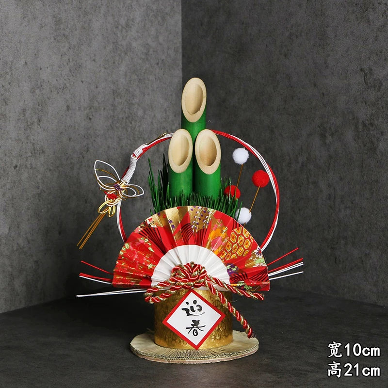 Vaso Três Tubos Leque Dourado com Placa de Madeira, Adorno de Mesa de Ano Novo Japonês (Kadomatsu)