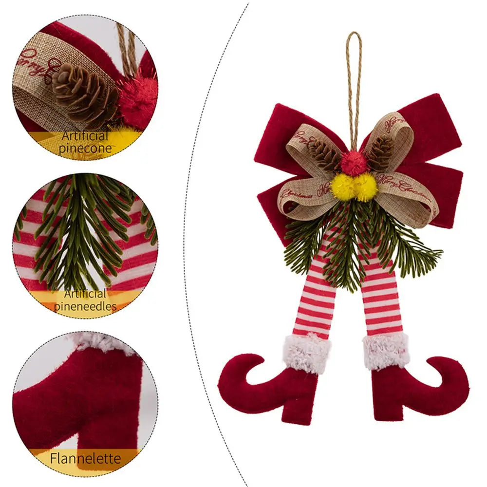 Enfeite Natalino de Pernas de Elfo com Laço e Pinha, Ideal para Pendurar em Árvores de Natal, Portas, Janelas