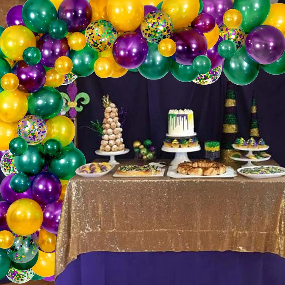 Kit de arco de guirlanda de balões de carnaval, 114 peças, ouro verde roxo balões