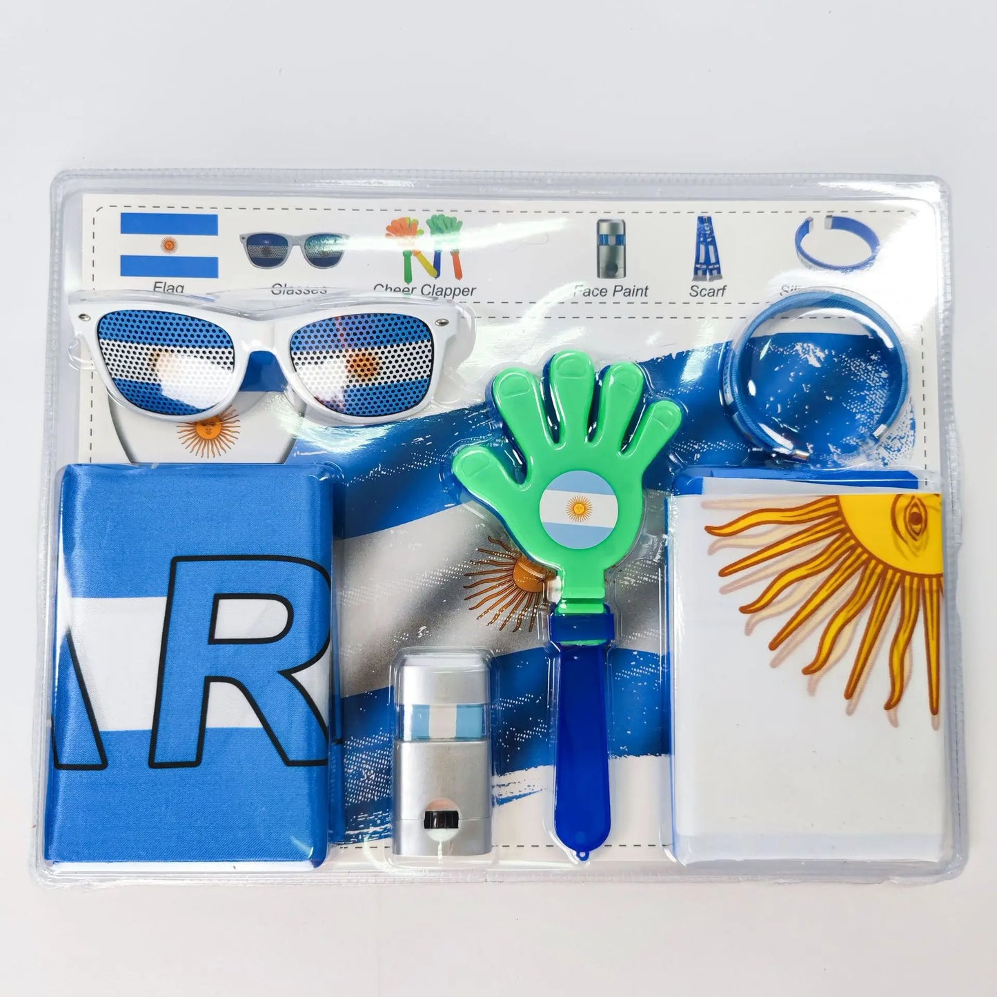 Kit Torcida Brasil 6 peças Bandeira, Pintura Facial, Bastão, Trompete, Pistola, Brasileiro