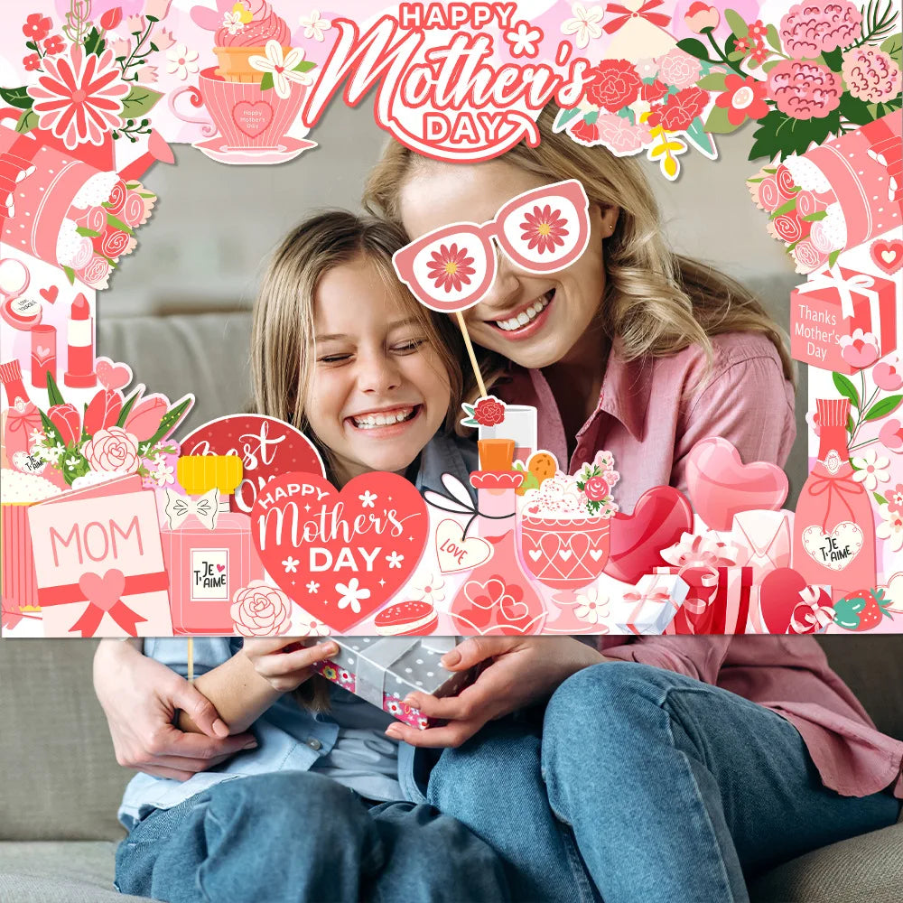 Plaquinha Dia das Mães Adereços para cabine de fotos do Dia das Mães com tema floral rosa