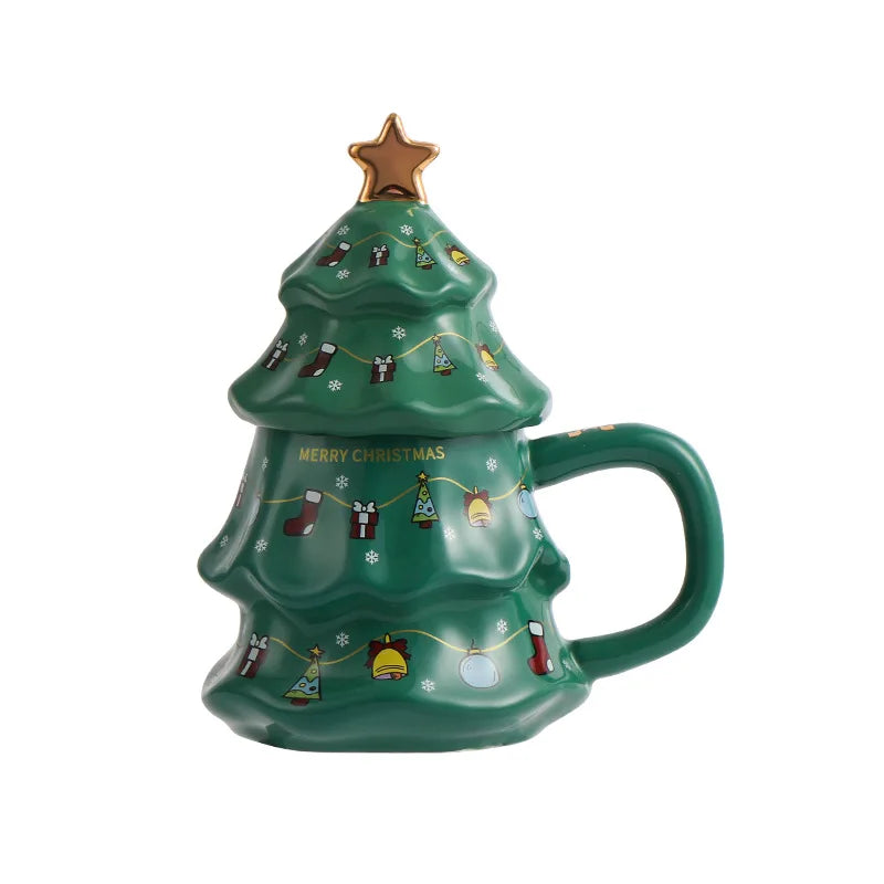 Canecas de Cerâmica em Formato de Árvore Natal Tampa e Detalhes Coloridos Capacidade/*401ml*500ml