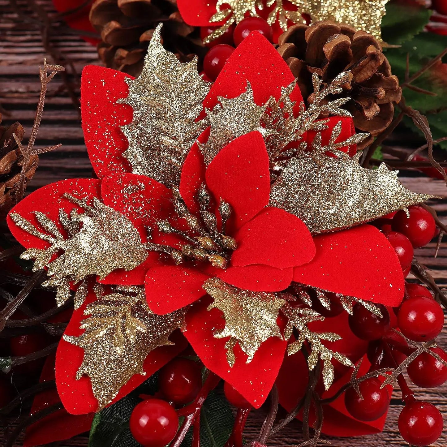 Flores Natal Glitter Artificial 5/10/20/30 peças de Poinsétia de Flores de Natal e Purpurina