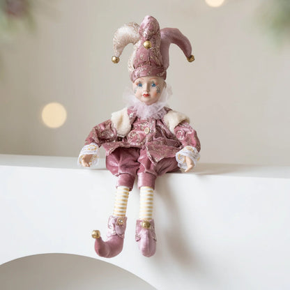 Bonecos Decorativos de Palhaço ou Pierrot de Natal com Pernas Articuladas em Tons Dourado, Vermelho, Prata