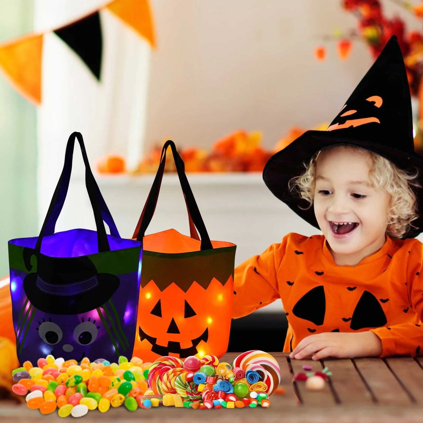 Cesta Dobrável Halloween 1 peças de luz de LED, sacos de doces ou travessuras Halloween