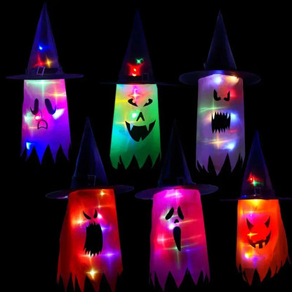 10 Peças de decoração suspensa de Halloween, chapéus de bruxa fantasma iluminados