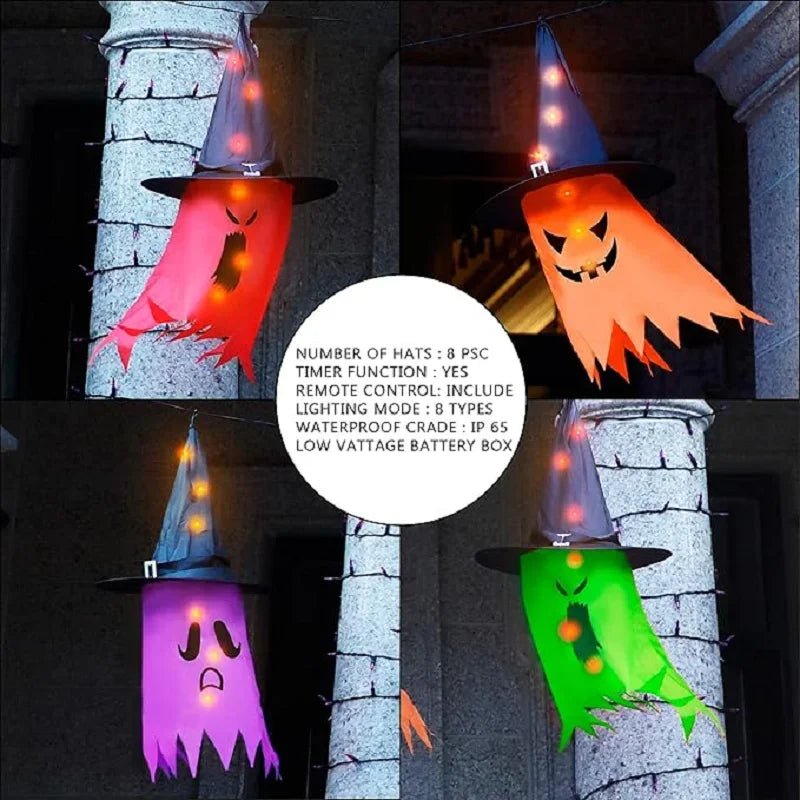 10 Peças de decoração suspensa de Halloween, chapéus de bruxa fantasma iluminados
