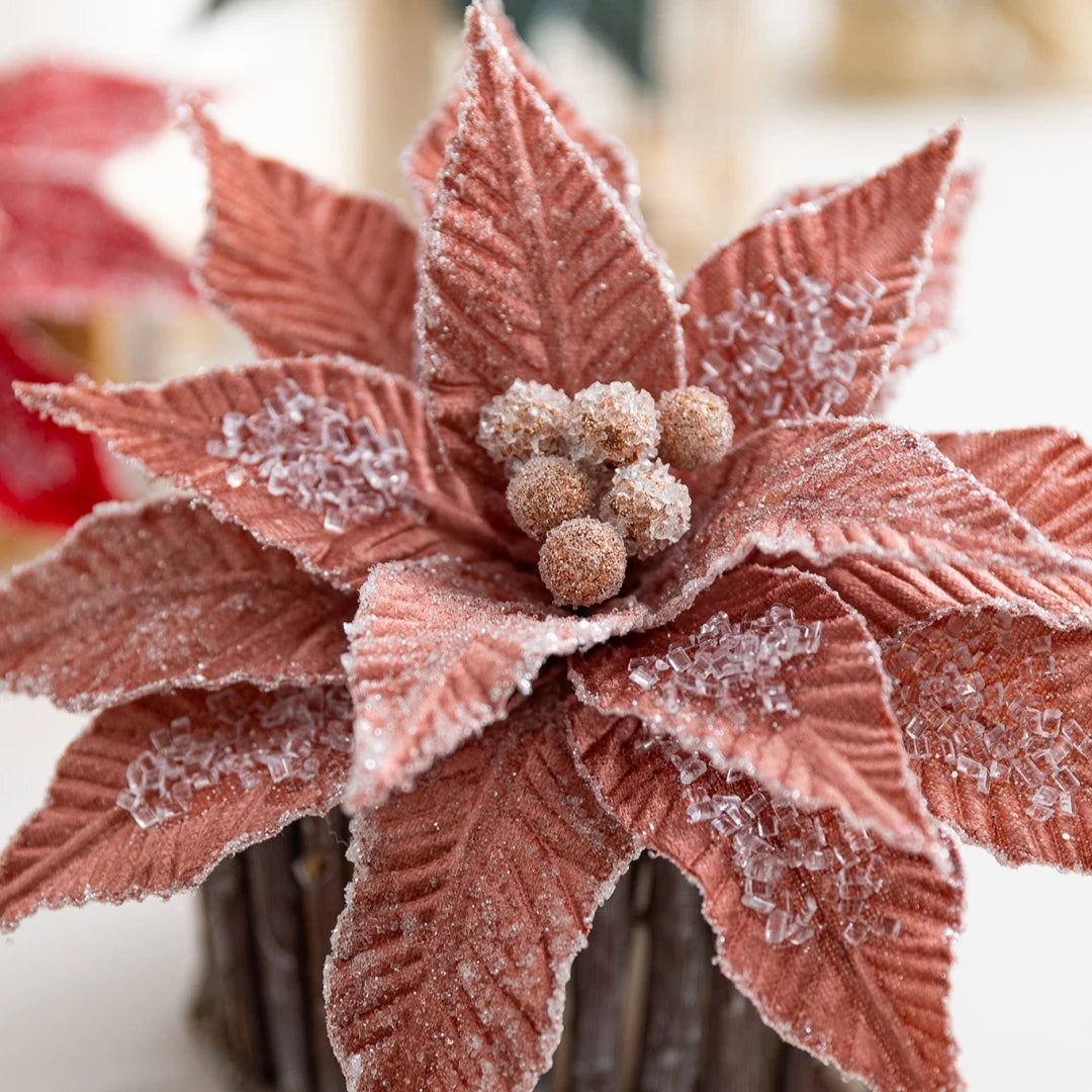 Flor De Natal Poinsétia Vermelho C/ Branco Enfeite e Árvore Terracota