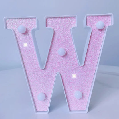 Letra de LED para letreiro de letreiro, letras rosa iluminadas com glitter alfabeto letrado