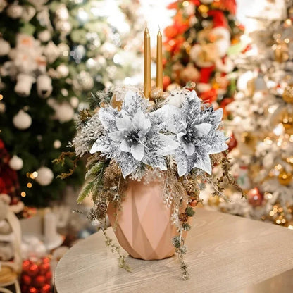 Flores Natal Glitter Artificial 5/10/20/30 peças de Poinsétia de Flores de Natal e Purpurina