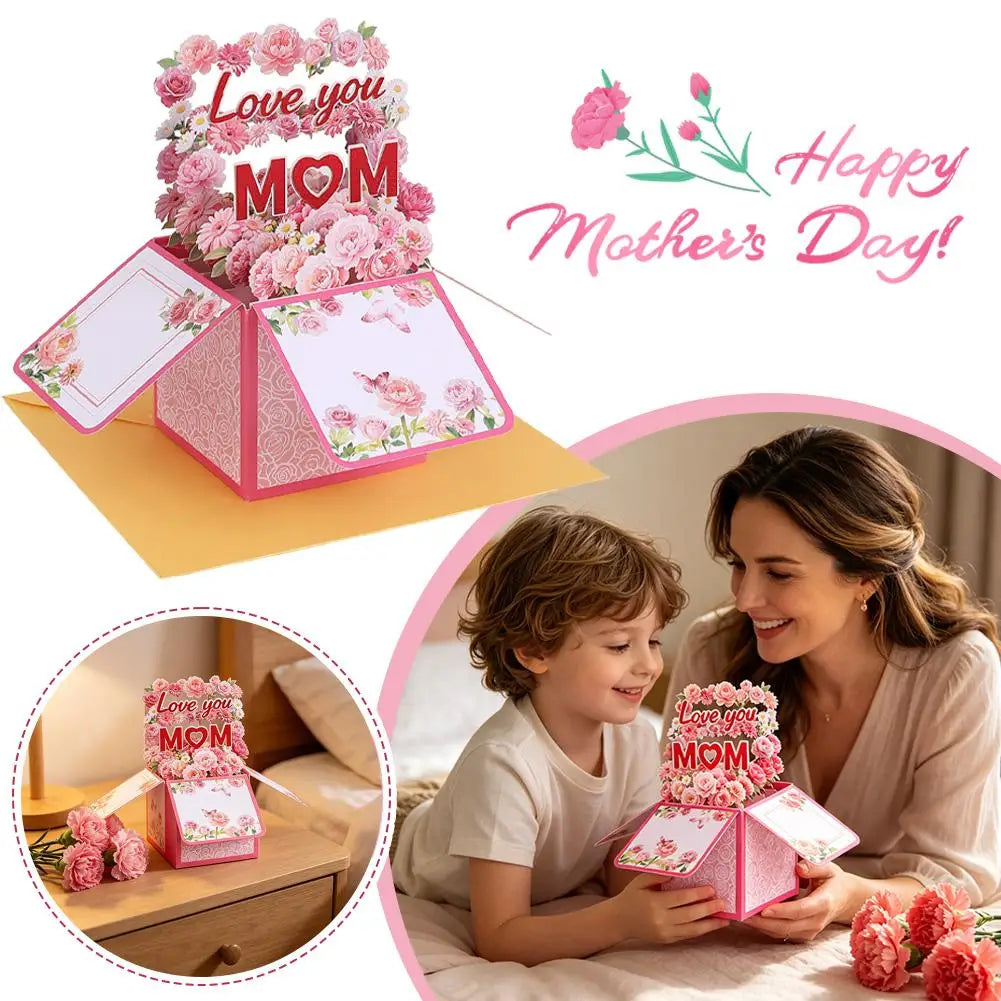 Cartão pop-up feliz Dia das Mães, buquê de flores 3D cartão comemorativo com envelope