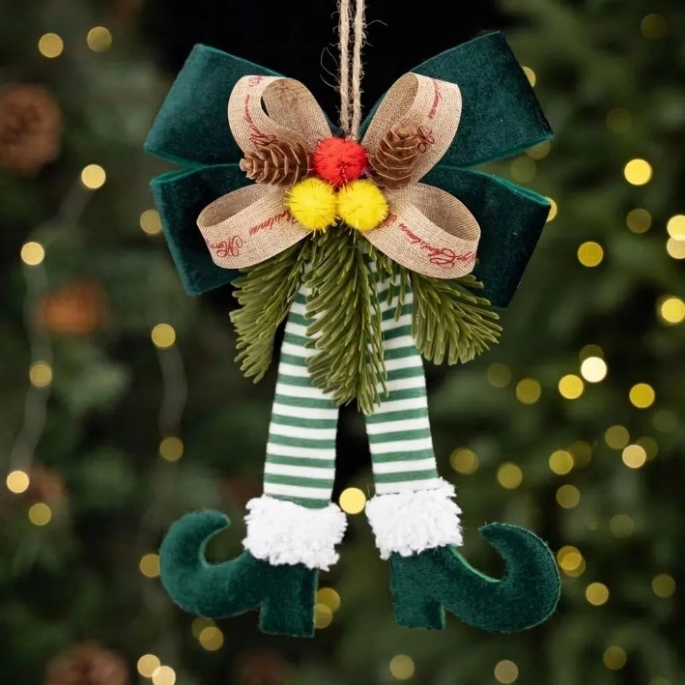 Enfeite Natalino de Pernas de Elfo com Laço e Pinha, Ideal para Pendurar em Árvores de Natal, Portas, Janelas