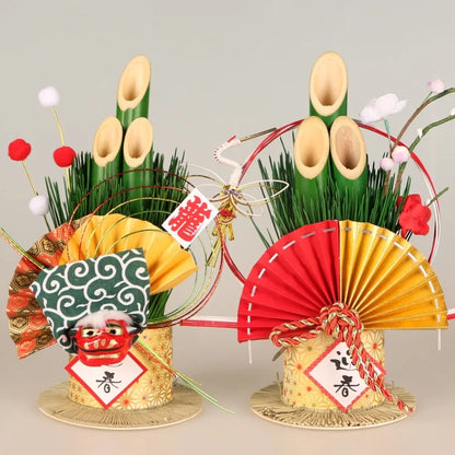 Vaso Três Tubos Leque Dourado com Placa de Madeira, Adorno de Mesa de Ano Novo Japonês (Kadomatsu)