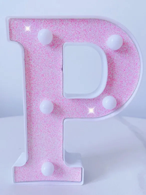 Letra de LED para letreiro de letreiro, letras rosa iluminadas com glitter alfabeto letrado