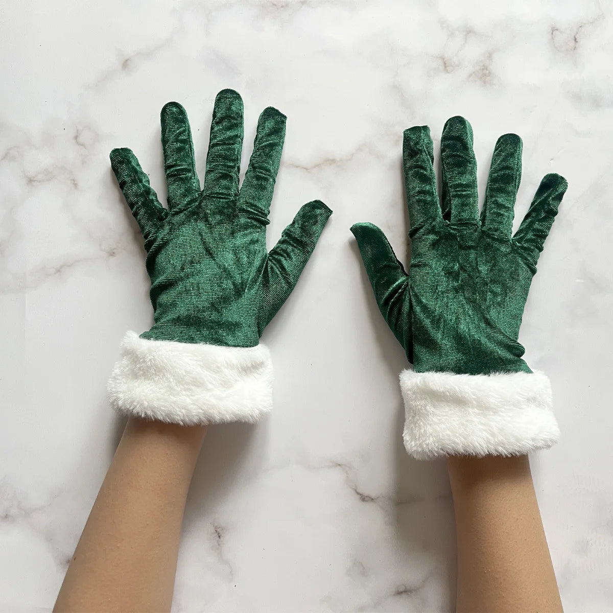 Luva de Natal para Fantasia Papai Noel Veludo com Pelo Branco, Par de Luvas Papai Noel Luxo Aveludada