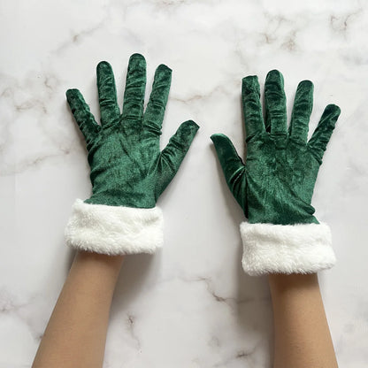 Luva de Natal para Fantasia Papai Noel Veludo com Pelo Branco, Par de Luvas Papai Noel Luxo Aveludada