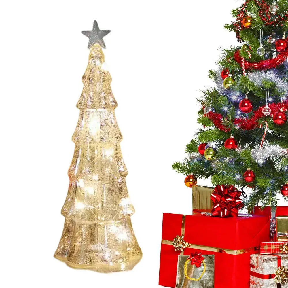 Árvore de Natal de vidro mercúrio dourado 1 peça, árvore de Natal de mesa com luz