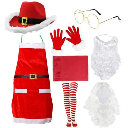 Kit Fantasia Papai Noel Adulto Com Avental E Óculos - 7 Peças, Avental Papai Noel Natalino Com Barba Gorro