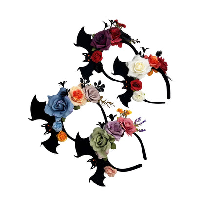 Tiara de Halloween morcegos aranhas rosa halo flores coroa cabeça gótica rosa morcego