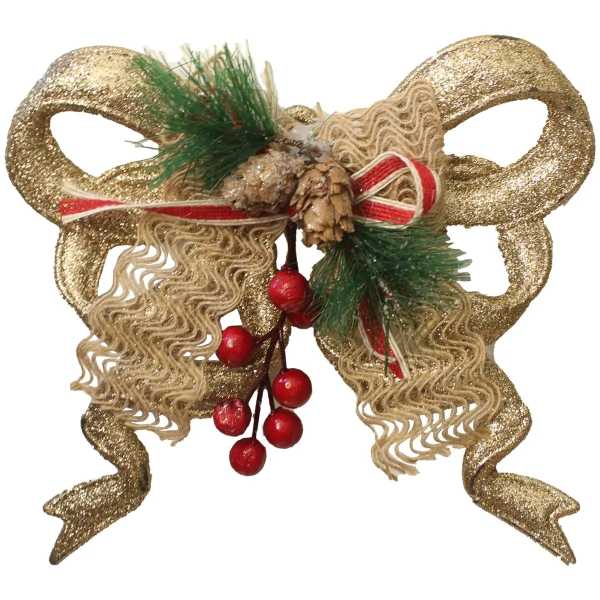 Laço Pinhais Vagas Natal Enfeite Pendente Laço Natalino Dourado com Brilho 18cm Natal