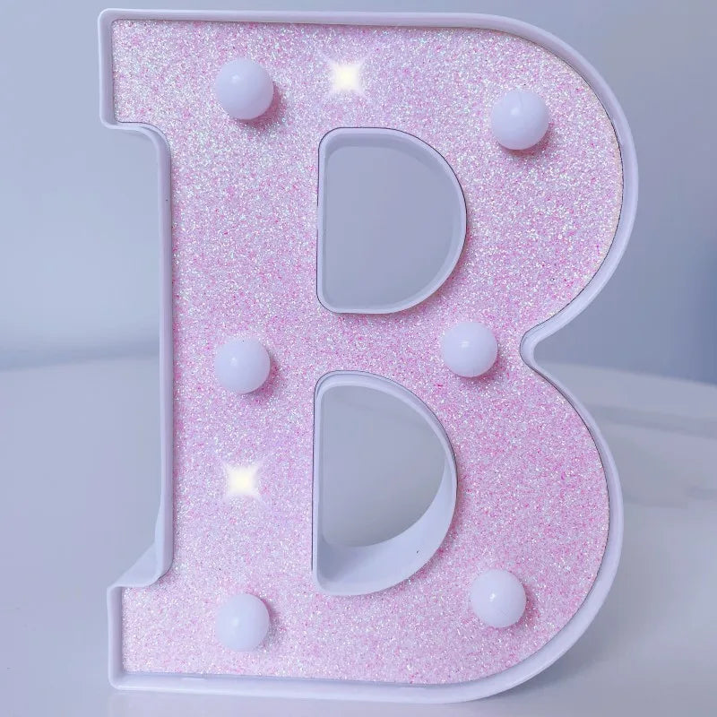 Letra de LED para letreiro de letreiro, letras rosa iluminadas com glitter alfabeto letrado