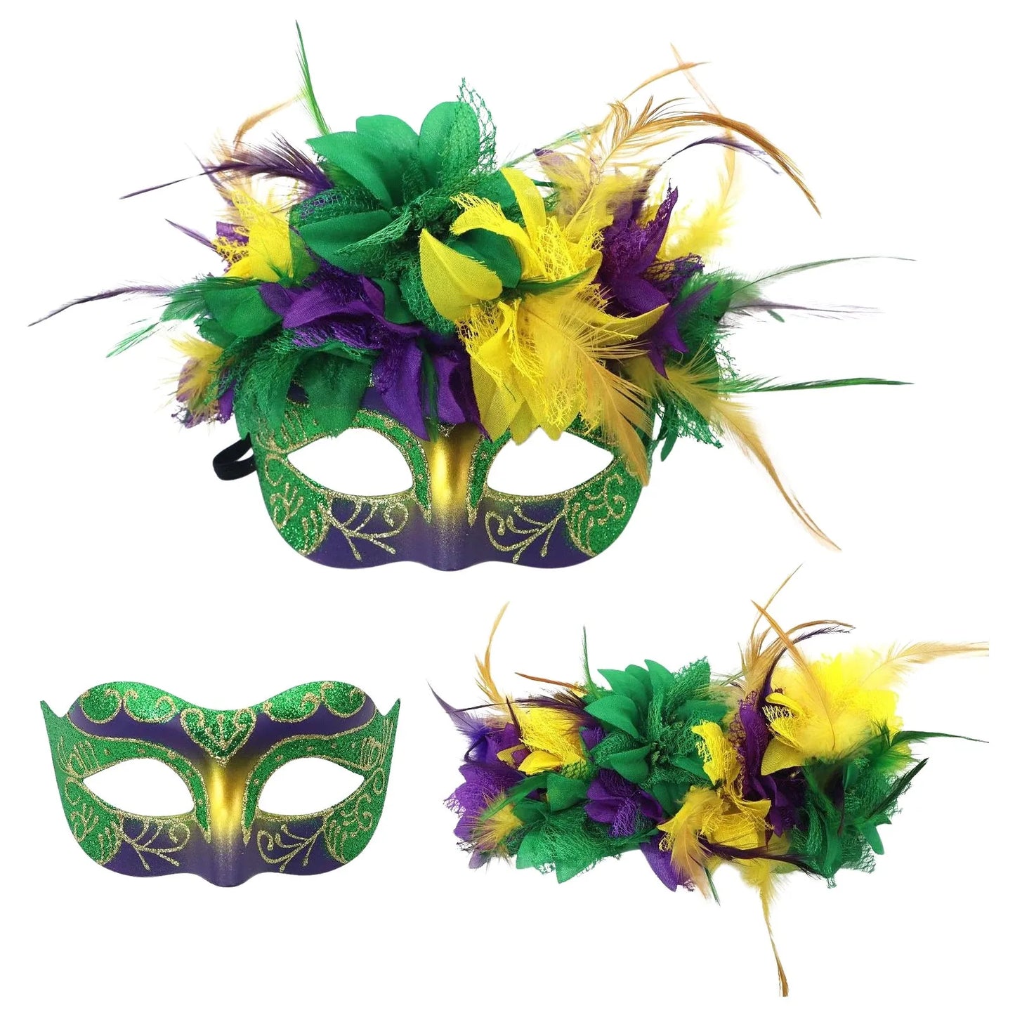 Bandanas de carnaval, roxo, amarelo, verde, penas falsas, para carnaval e máscara