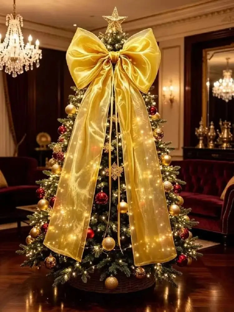 Laço Decorativo Gigante Dourado para Árvore de Natal com Fitas Longas Ouro/Dourado (Serpentinas)