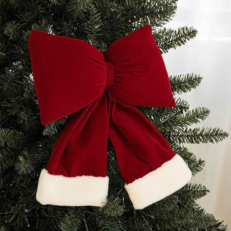 Laço de Natal em Veludo Vermelho, Decoração Luxuosa para Porta, Enfeite Árvore de Natal