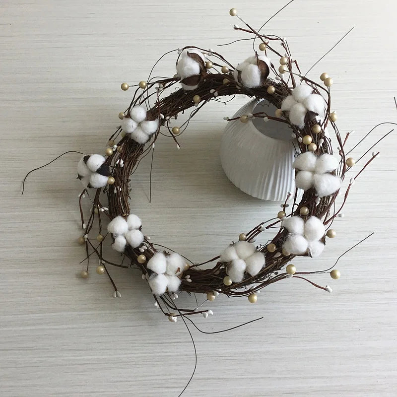 Guirlanda de flores de algodão seco, guirlanda de Natal, pingente de porta, decoração
