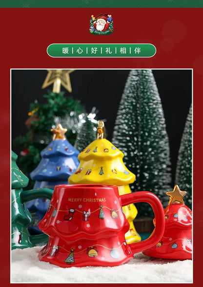 Canecas de Cerâmica em Formato de Árvore Natal Tampa e Detalhes Coloridos Capacidade/*401ml*500ml