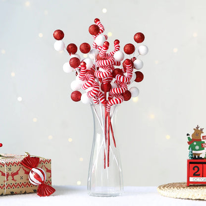 Buquê Bolas Listradas Natal, Palitos de Lã Vermelhos e Brancos, Lantejoulas para Árvore