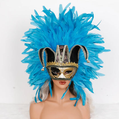 Máscara Veneziana Arlequim com Penacho de Plumas Pretas (Máscara de Bobo da Corte / Carnaval Veneziano)