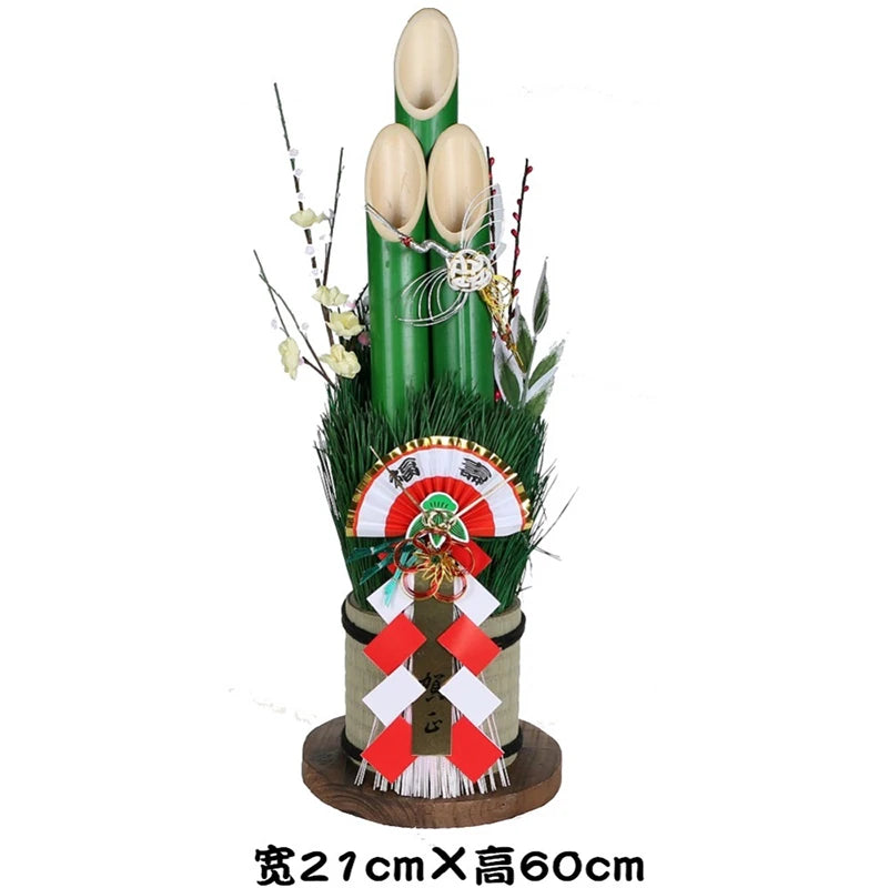 Vaso Três Tubos Leque Dourado com Placa de Madeira, Adorno de Mesa de Ano Novo Japonês (Kadomatsu)