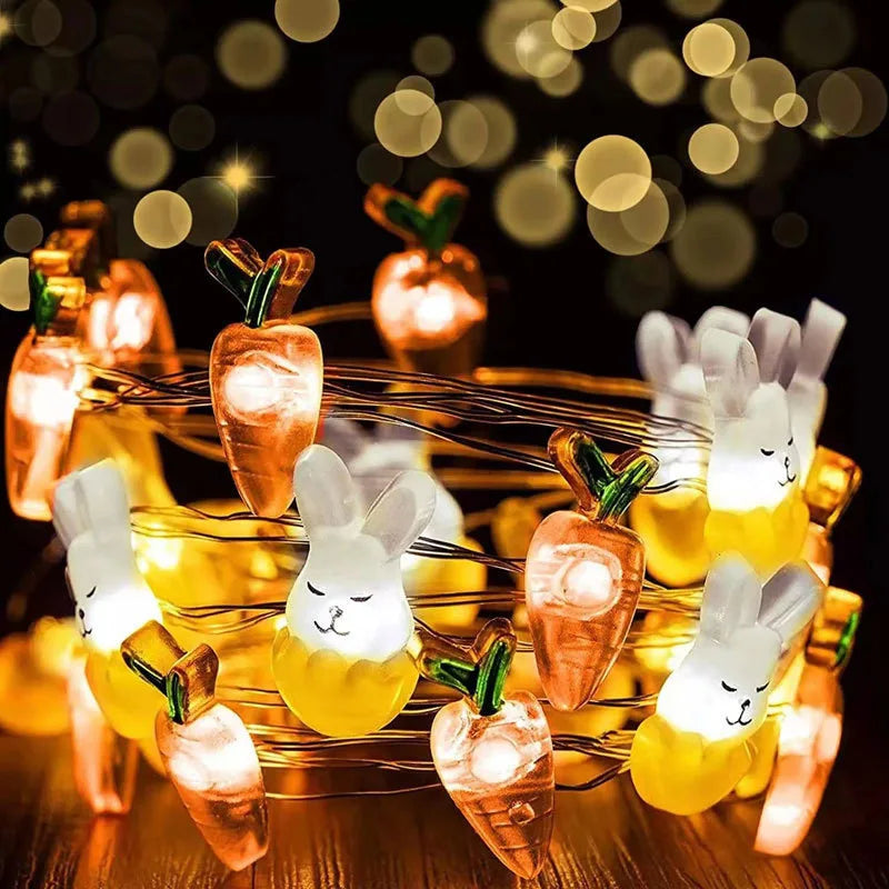 Cordão de Coelho LED Luzes de Páscoa, decorações de primavera de ovo coelho e cenoura