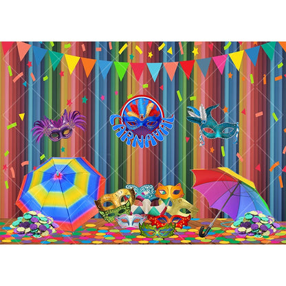 Carnaval, cenário fotográfico, roxo, verde, dourado, máscara, baile, dança, fundo máscaras