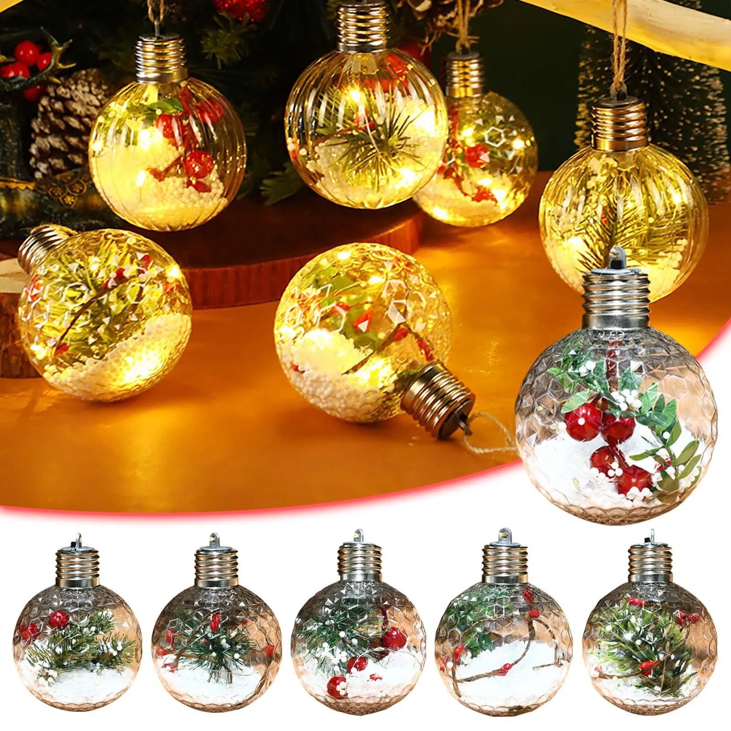 Lâmpada plástico transparente pendurar 1 esferas LED Luzes de Natal Esferas de Natal LED