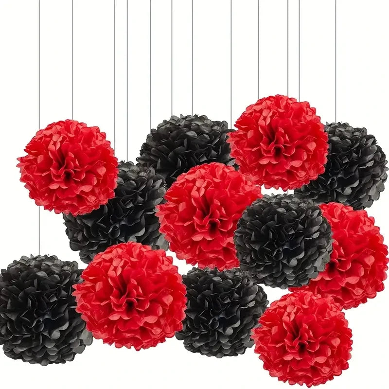 Teto (Cassino Las Vegas) 6 pompons de papel de seda vermelhos e pretos para pendurar