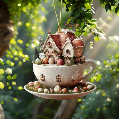 Enfeites de Páscoa de acrílico, pingente de ovo de Páscoa de casa de xícara de café
