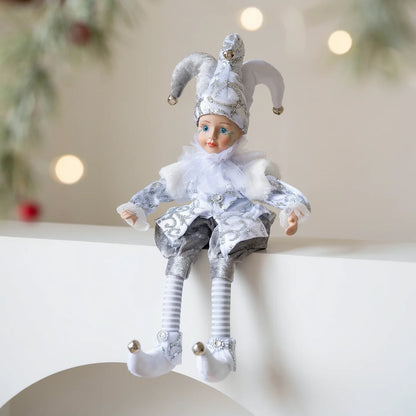 Bonecos Decorativos de Palhaço ou Pierrot de Natal com Pernas Articuladas em Tons Dourado, Vermelho, Prata