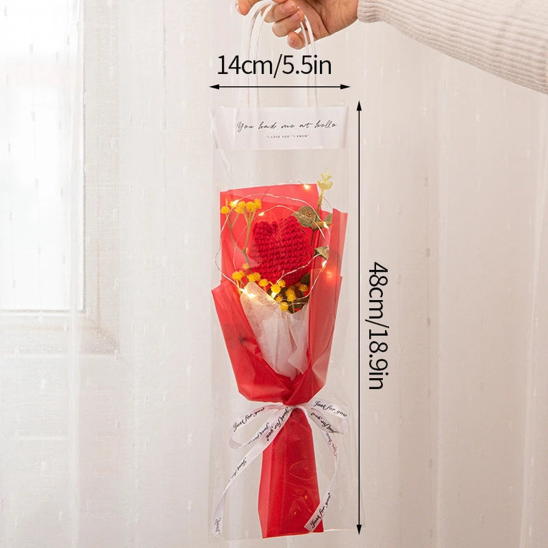 Kit completo de buquê de crochê de LED feito à mão, buquê de crochê, flor folhada falsa