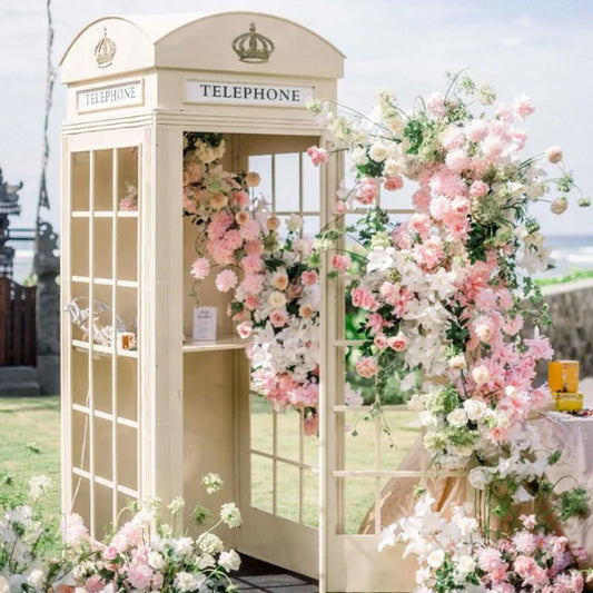 Cabine Telefônica Temática Vermelho/Branco/Preto Tamanho Real Rosa Flores Londres