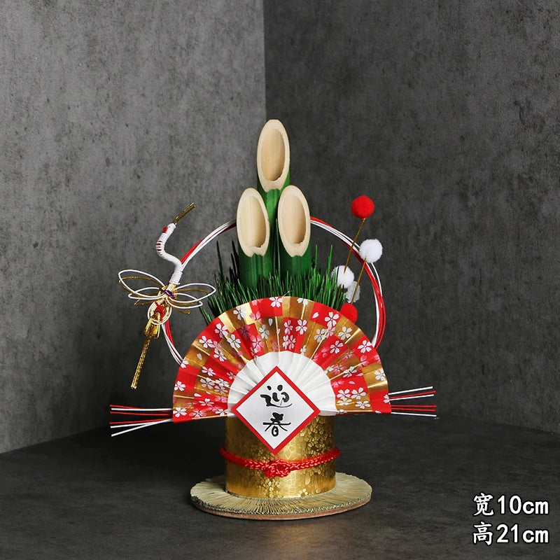 Vaso Três Tubos Leque Dourado com Placa de Madeira, Adorno de Mesa de Ano Novo Japonês (Kadomatsu)