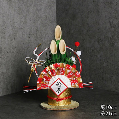 Vaso Três Tubos Leque Dourado com Placa de Madeira, Adorno de Mesa de Ano Novo Japonês (Kadomatsu)